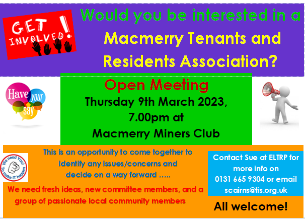 Invite postcard to a meeting on 9th March 2023 at 7pm in the Macmerry Miners Club